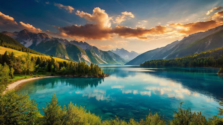 Panoramic view of beautiful turquoise lake in the mountains.の写真素材