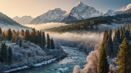 Panoramic view of the mountain river in the morning mist.の写真素材
