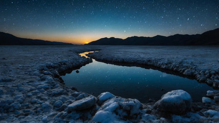 Beautiful winter landscape with frozen lake and mountains under starry skyの写真素材