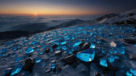 Sunrise in the mountains on the top of the mountain with blue iceの写真素材
