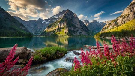 panoramic view of alpine lake in Dolomites, Italyの写真素材