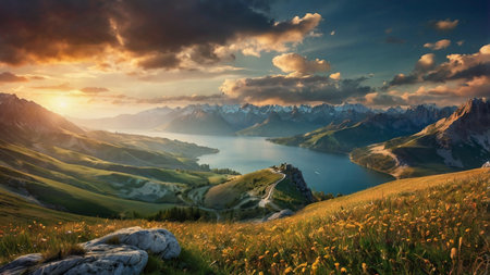 Fantastic panoramic view of alpine lake. Dramatic sky. Beauty world.の写真素材