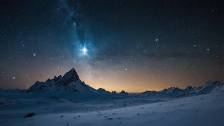 Starry sky over the snowy mountains in winter. Starry nightの写真素材