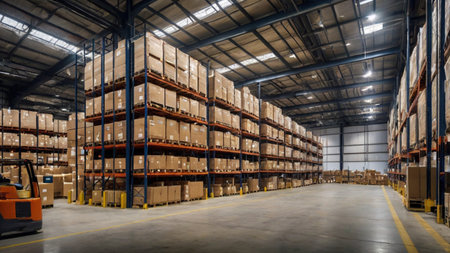 Warehouse interior with shelves and racks in large warehouse. Industrial backgroundの写真素材