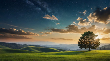 Lonely tree and starry sky in Tuscany, Italyの写真素材