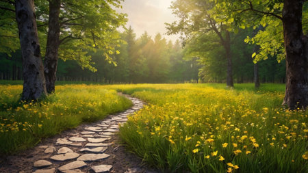 Beautiful spring landscape in the park with a path and yellow flowersの写真素材