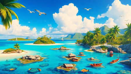 Tropical island with palm trees and boats in the sea.