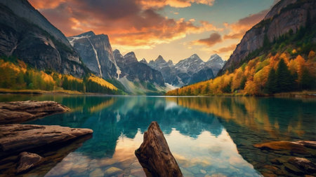 Beautiful mountain lake with crystal clear water and reflection in it.