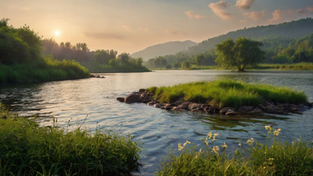 beautiful summer landscape with river and trees in the foreground at sunsetの写真素材