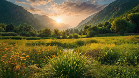 Sunset in the mountains. Beautiful summer landscape. Panoramic view.の写真素材