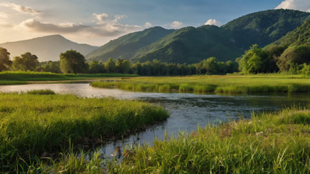 Landscape of the river and mountains in the background at sunset in summerの写真素材
