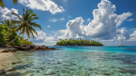 Panoramic view of beautiful tropical beach at Seychellesの写真素材