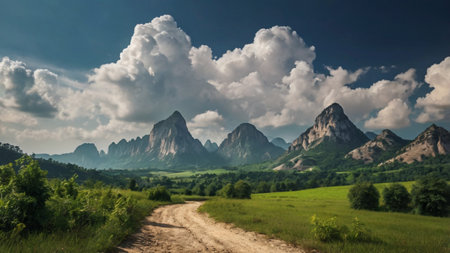 Beautiful summer landscape with meadow, mountains and blue sky with clouds