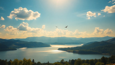 Landscape with lake, mountains and clouds in the blue sky.