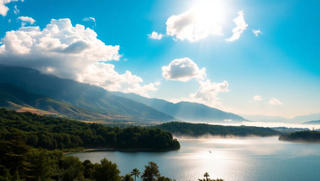 Beautiful landscape of the lake and mountains on a sunny summer dayの写真素材
