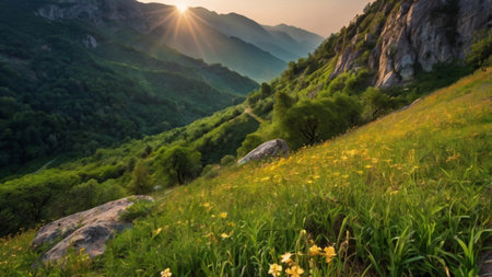 Beautiful summer landscape in the mountains. Green grass and yellow flowers.の写真素材
