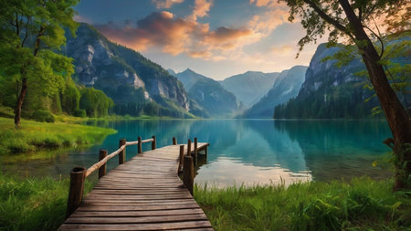 Mountain lake and wooden bridge at sunset. Summer landscape with beautiful lake.の写真素材