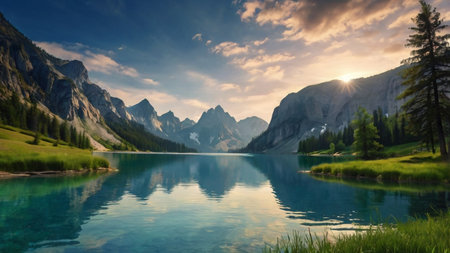 Beautiful lake in Dolomites, Italy. Panoramic view