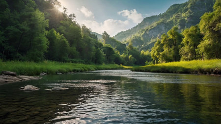 Beautiful river in the mountains. Summer landscape with the river and the forest