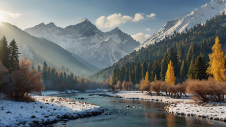 Panorama of the mountain river in the autumn forest and snow-capped mountains