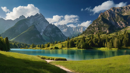 Panoramic view of the alpine lake in the mountains.