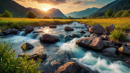 Mountain river at sunset. Beautiful summer landscape with mountain river.の写真素材