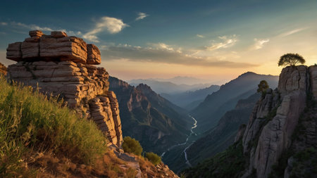 Panoramic view of mountains at sunsetの写真素材