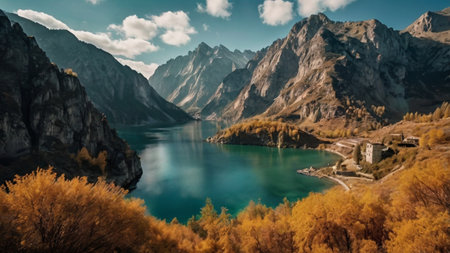 Panoramic view of autumn alpine lake. Beautiful nature scene.の写真素材