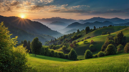 Majestic sunrise in the mountains landscape. Dramatic sky. Carpathian, Ukraine, Europe. Beauty world.の写真素材