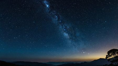 Milky way over the mountains at night with stars in the skyの写真素材