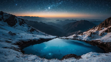 Mountain landscape with a lake in the middle of the night.