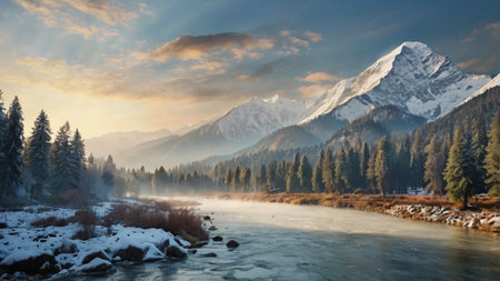 Panoramic view of snow-capped mountains and river at sunsetの写真素材