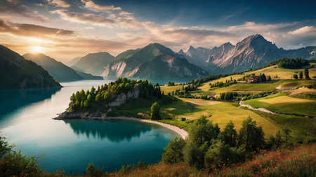 Panoramic view of beautiful alpine lake and mountains at sunsetの写真素材