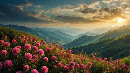 Beautiful landscape with pink peony flowers in the mountains at sunsetの写真素材