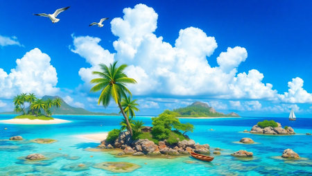 Tropical island with palm trees and sailing boats at Seychellesの写真素材