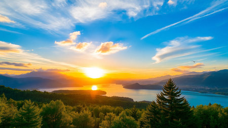 Beautiful sunset over the lake in the mountains. Nature landscape.の写真素材