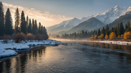 Panoramic view of the Katun river in Altai mountains, Russiaの写真素材
