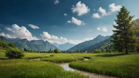 Panoramic view of alpine meadow with river and mountainsの写真素材
