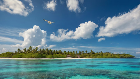 Panoramic view of a tropical island with palm trees and a flying seagull