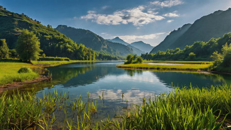 Panoramic view of the lake in the mountains. Summer landscape.の写真素材