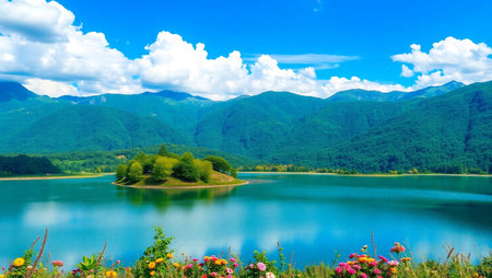 Beautiful mountain lake with clear blue sky and green grass in summerの写真素材