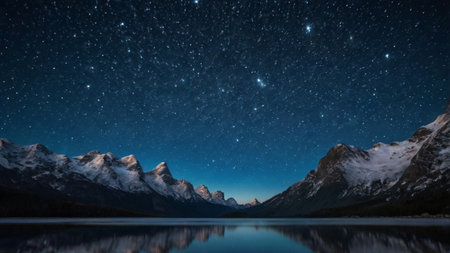 Mountain lake with stars and milky way in the night skyの写真素材