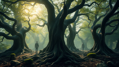 Woman in mysterious dark forest. Fantasy landscape. 3D Renderingの写真素材