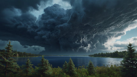 Dark storm clouds over the lake. 3D render. Panoramic image.の写真素材
