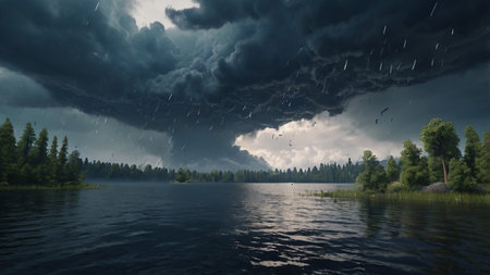 Stormy weather over the lake. 3d rendering. Computer digital drawing.