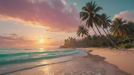 Tropical beach with palm trees at sunset. Panorama.