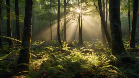 Morning in the forest with sunbeams passing through trees and fernsの写真素材