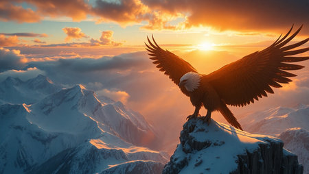 Bald Eagle on top of a mountain at sunset. 3D Renderingの写真素材