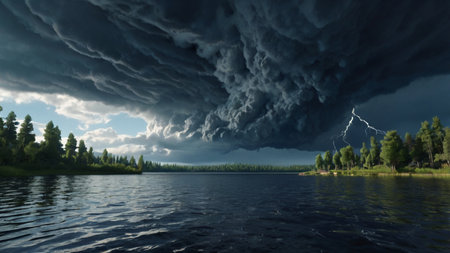 Thunderstorm over the lake. 3d render. Weather forecast concept