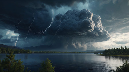 Thunderstorm over the lake in the taiga of the Polar Urals.